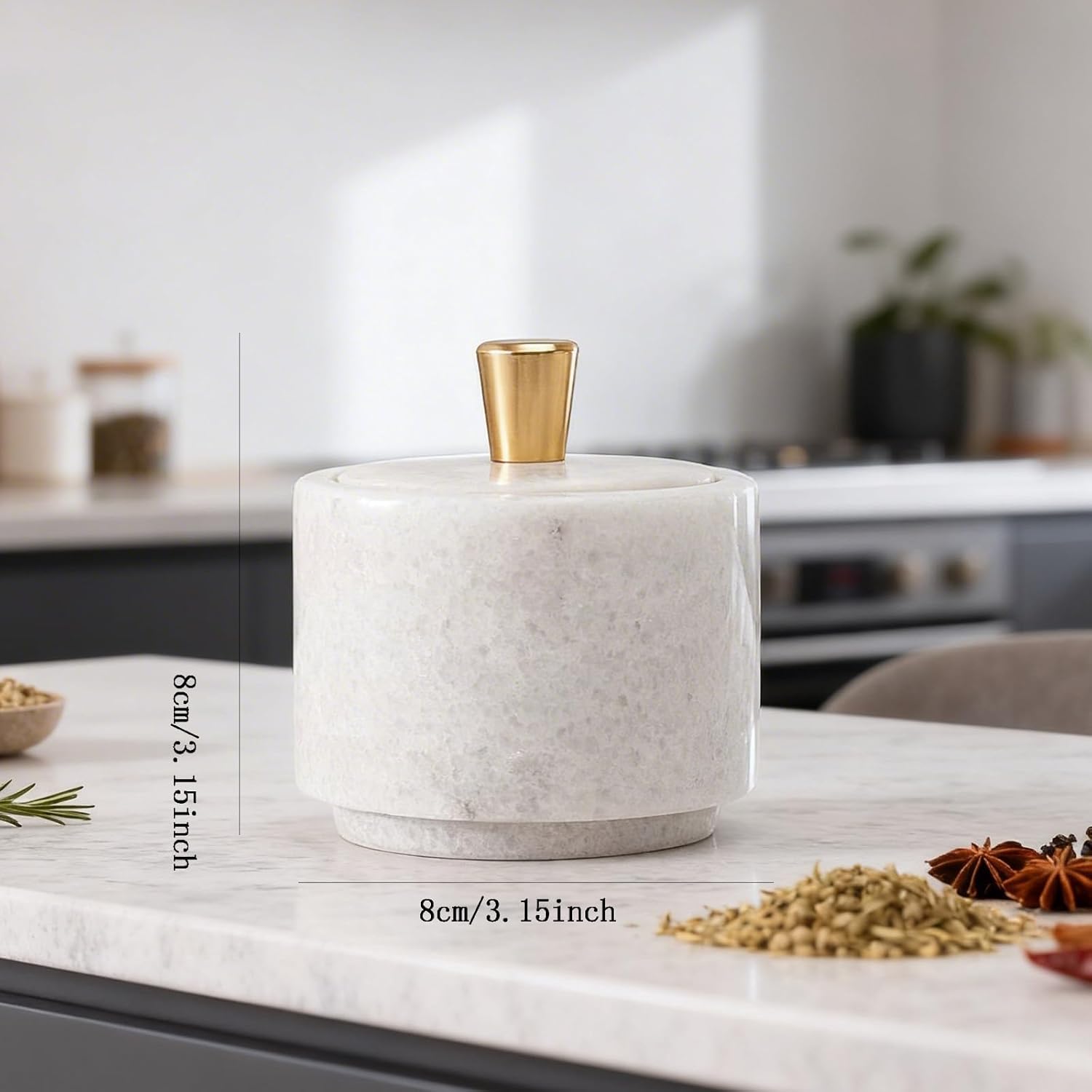 Marble Salt Cellar with Lid and Brass Knob 3.15" Spice box Salt Container Seasoning Jar for Kitchen tone Salt Holder for Counte-Ideal for Sea Salt, Spices and Herbs (White)