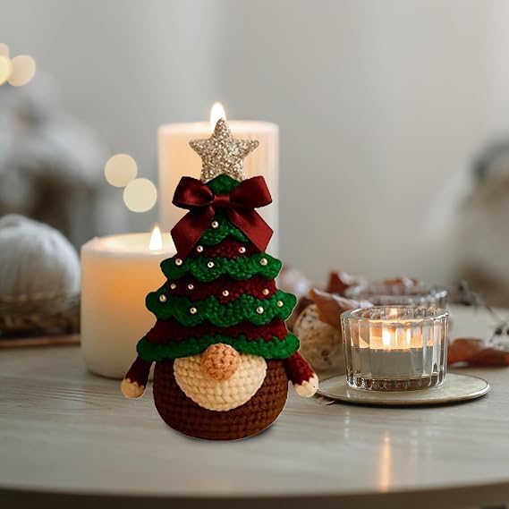 Christmas Crochet Kit Easy Beginner Yarn Supplies Set Fun Creative DIY | Festive Christmas Beginner Tree Gnome Kit for Home Kids Teens Women Girls Christmas Halloween Holiday Home Crafting