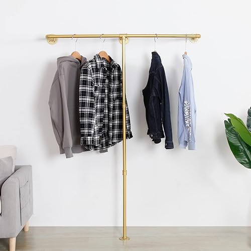 Vista 5 de Perchero industrial de tubería, resistente montado en la pared, barra de ropa de hierro negro, estante de exhibición minorista, organizador de ropa