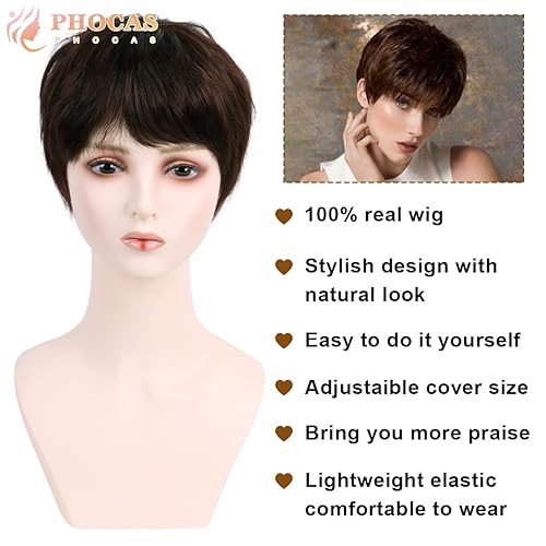 Miniatura 2 de PHOCAS Short Brown Human Hair Pixie Cut Wigs with Bangs Layered Wigs Short Brown Natural Fashion Straight Hair Wigs for Women