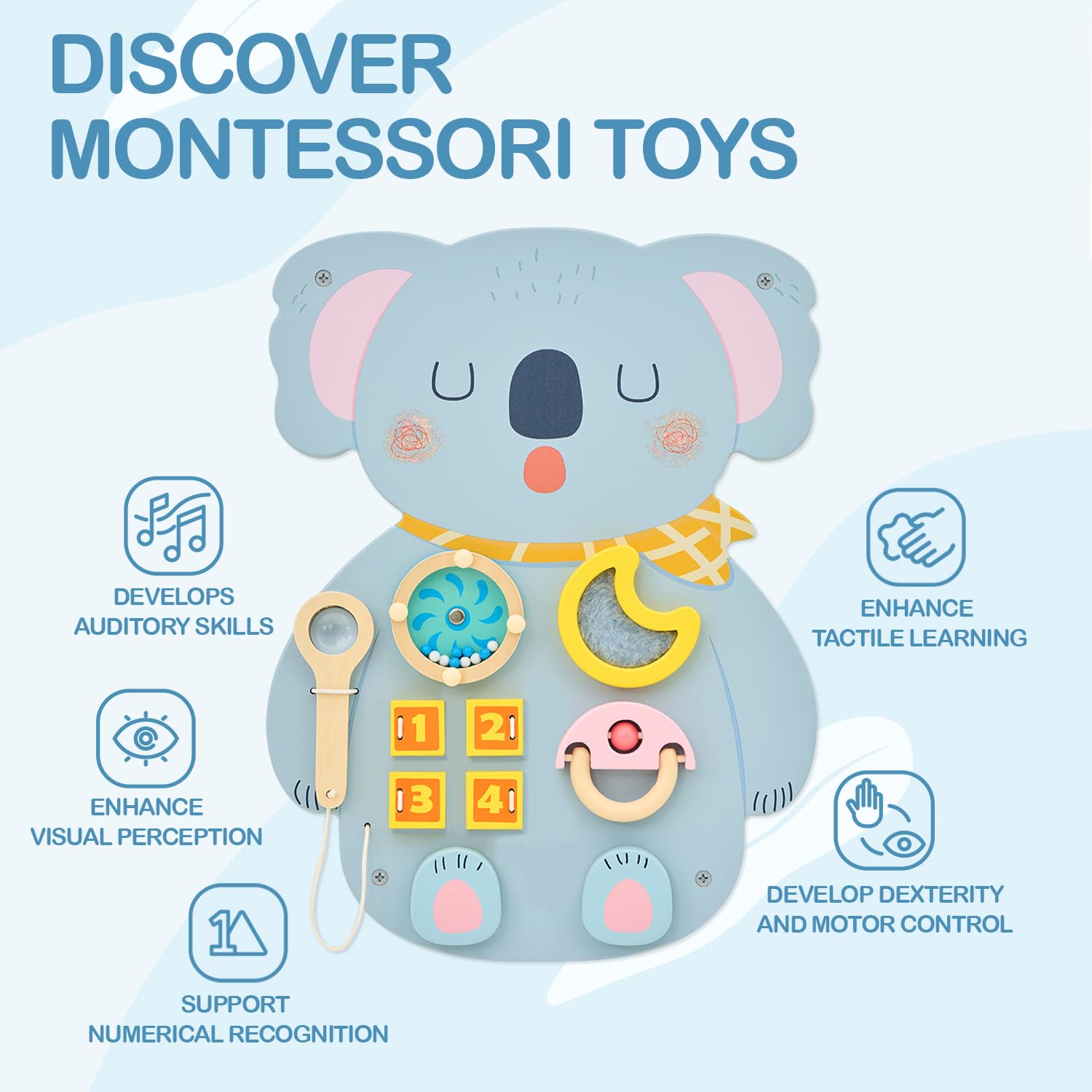 Monläurd Jouet mural sensoriel en bois Koala pour tout-petits, panneau
