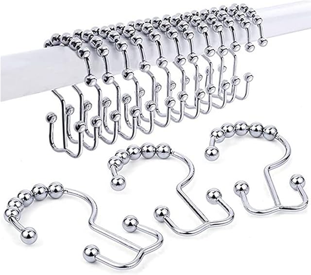 NatureMan Shower Curtain Hooks Rings, Rust-Resistant Metal Double Roller Glide Shower Hooks for Bathroom Shower Rods Curtains, Set of 12 Hooks - Chrome