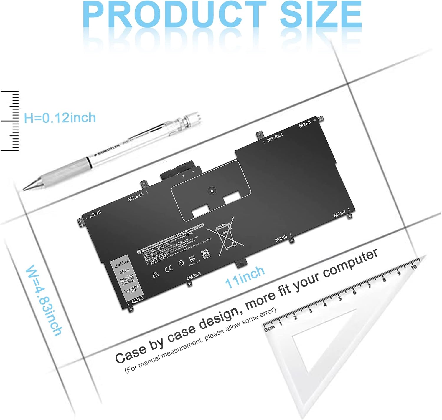 Diagram showing the dimensions of the NNF1C battery: 11 inches in length, 4.83 inches in width, and 0.12 inches in height.