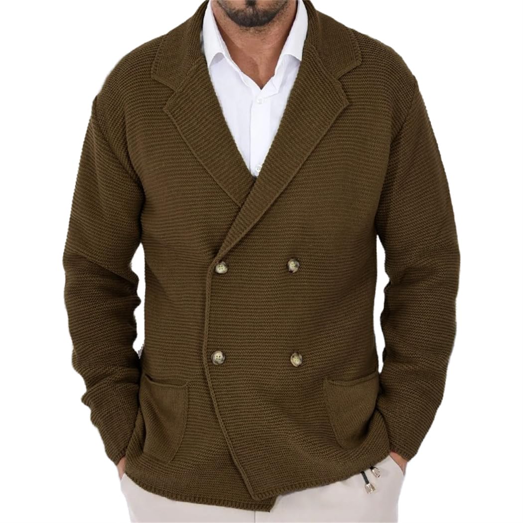 Wekumgy Mens Cardigan Sweater Shawl Collar Cable Knit Cardiagn Winter Warm Button Down Sweaters with Pockets Brown