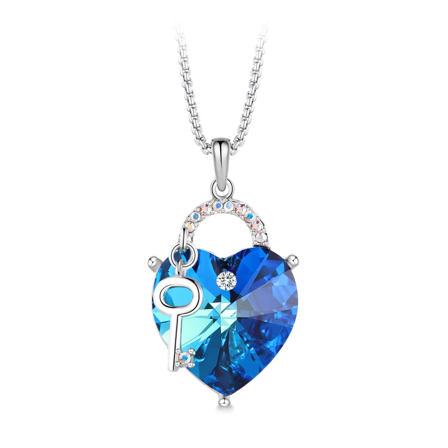 T400 Purple Blue Lock And Key Heart Pendant Necklace Swarovski