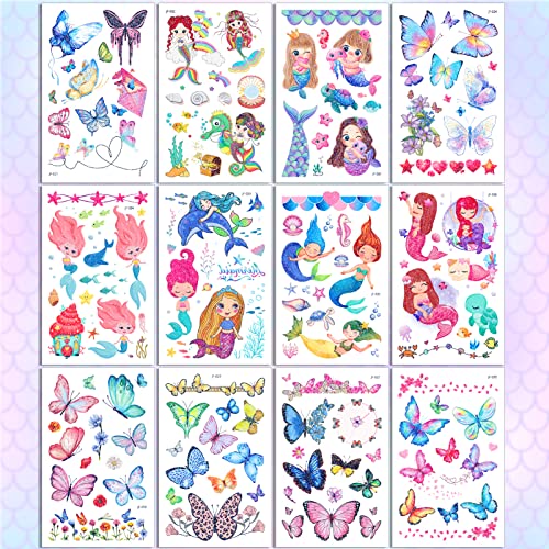 Fanost Glitter Tattoos For Kids Girls, 24 Sheets Kids Temporary Tattoos For Girls,Mermaid Unicorn Butterfly Princess Little Girl Flower Fairy Fake Tattoos For Kids Party Favors #TOP4