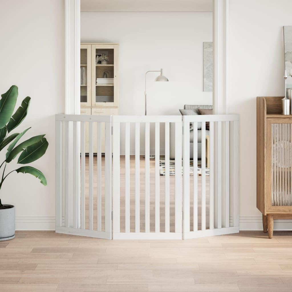 Homgoday 3-TLG. Puerta plegable para perros, barrera para perros, barrera para mascotas, barrera protectora para perros pequeños y gatos, color blanco, 150 cm, madera de álamo