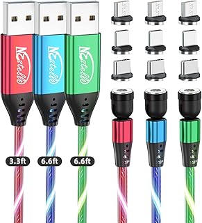 LED Flowing Magnetic Charging Cable, NESTELLE 540 Rotation Luminous Light Up USB Charger Cord, Multi Color for All Phone, Type C, Micro, iProduct (3 Pack 3.3ft/6.6.ft/6.6ft)