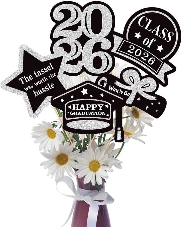 25 Pcs Silver and Black Class of 2026 Congrats Grad Table Centerpieces Congratulate Graduation Centerpiece Sticks for Graduation Party Decorations