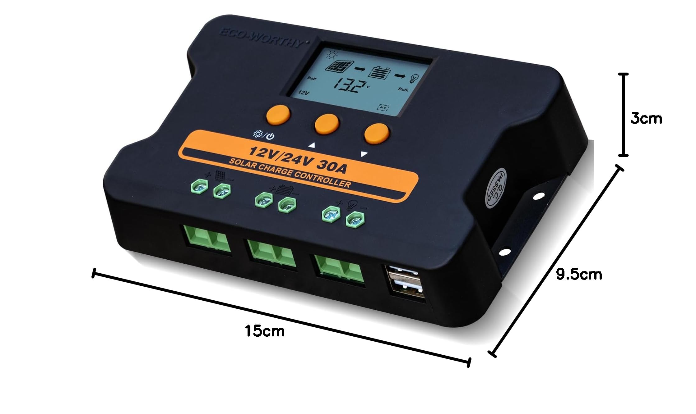 ECO-WORTHY Regolatore di carica solare 30A 12V/24V, controller PWM con display LCD e doppia porta USB 5V per regolazione individuale dei parametri della batteria