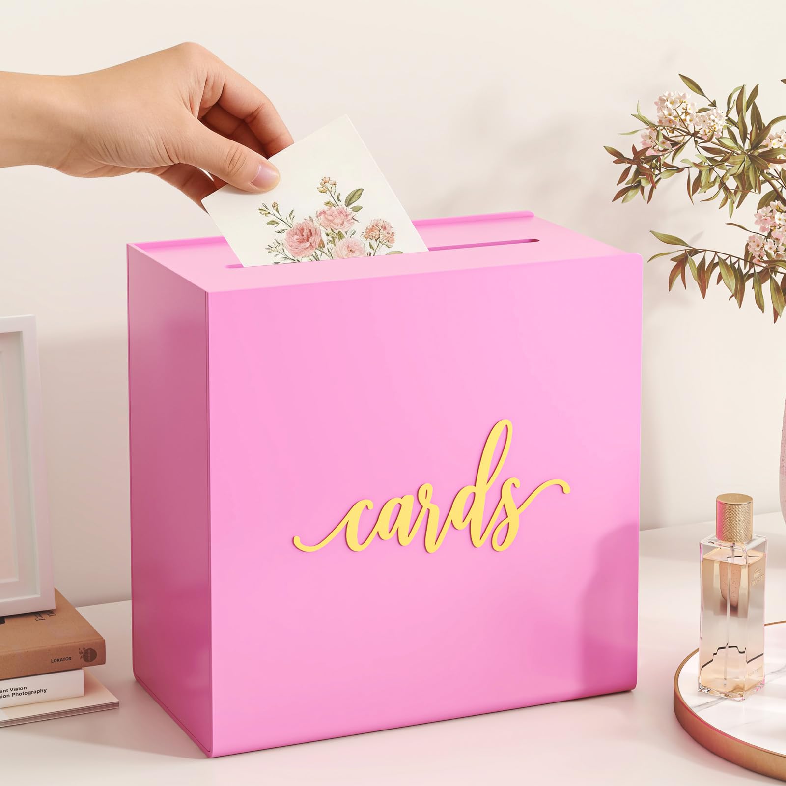 THMINS Wedding Card Boxes for Reception, Pink Acrylic Card Box 24x24x12cm, Wedding Post Box for Cards, Money Gift Envelope Box for Wedding Party