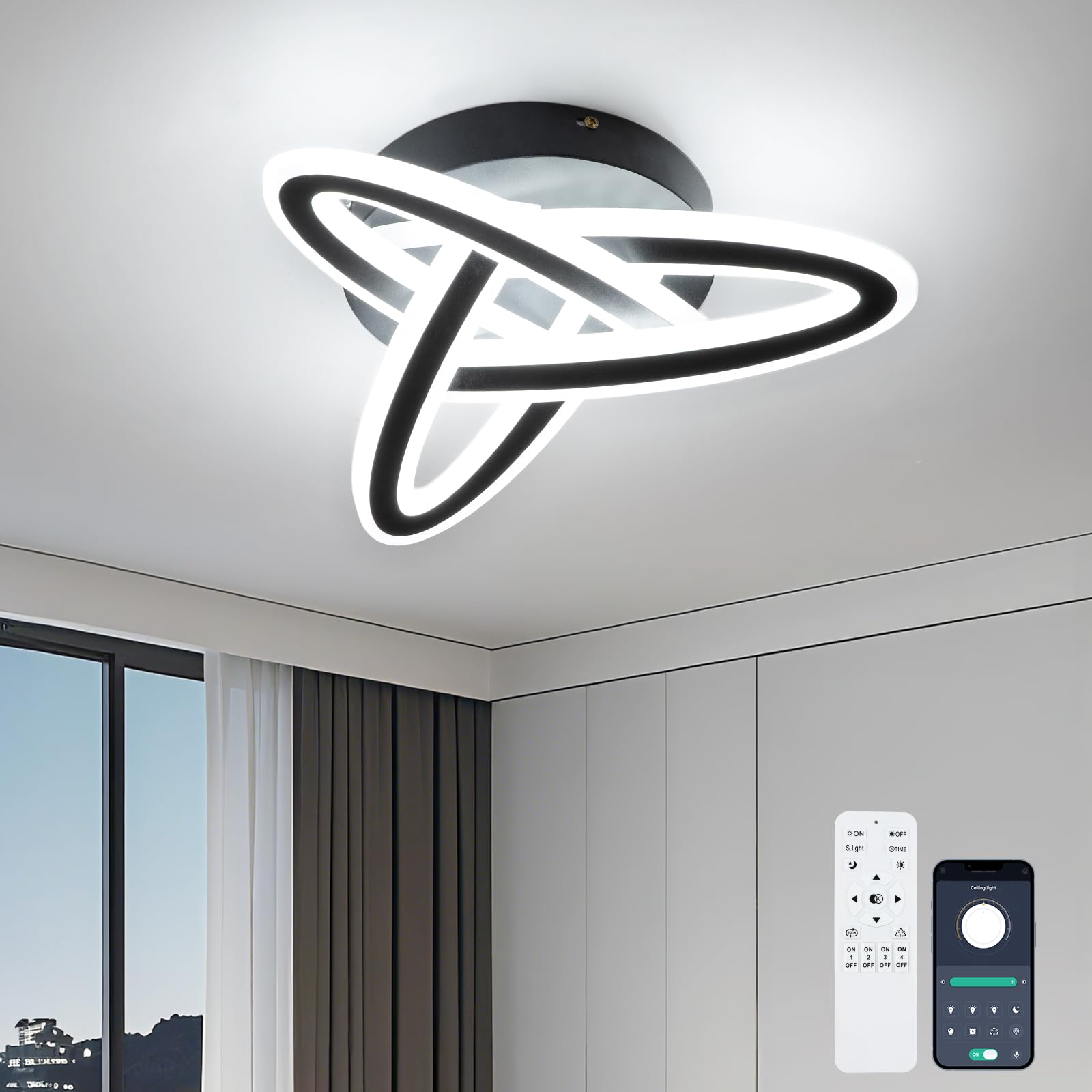 Led Ceiling Light Dimmable, Modern Led Ceiling Lamp with Remote Control, Minimalist Black Acrylic Ceiling Lights for Bedroom Kitchen Living Room Dining Office Hallway - 32W, Black, 32cm, 3000K-6000K.