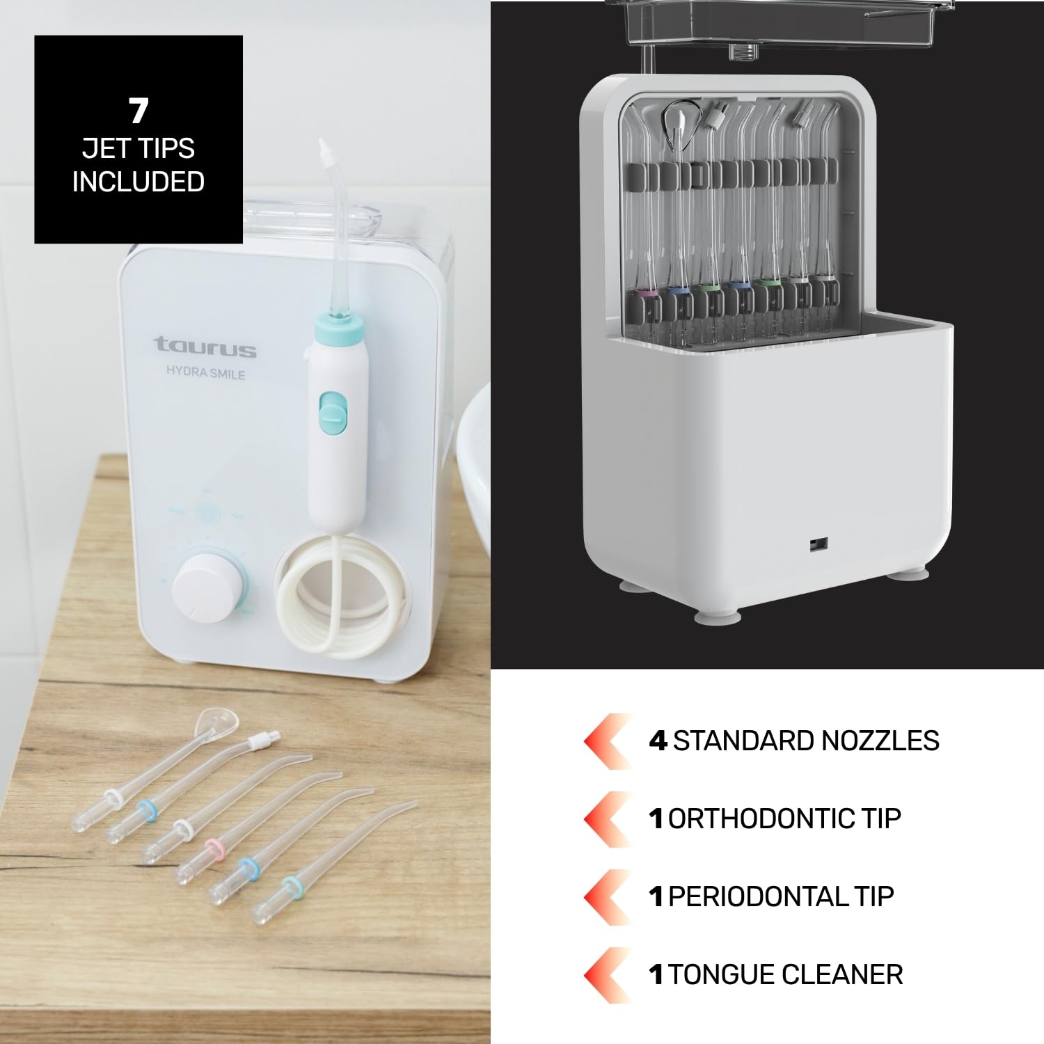 Taurus Irrigador Bucal Hydra Smile 20W 600ml 10 Presiones 3 Modos 7 Boquillas 1200-1700 Pulsos/min Control Táctil Auto Off
