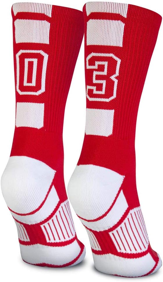 ChalkTalkSPORTS Custom Team Number Socks | Youth & Adult Athletic Performance Socks | Red Number Socks | Choose Your Number