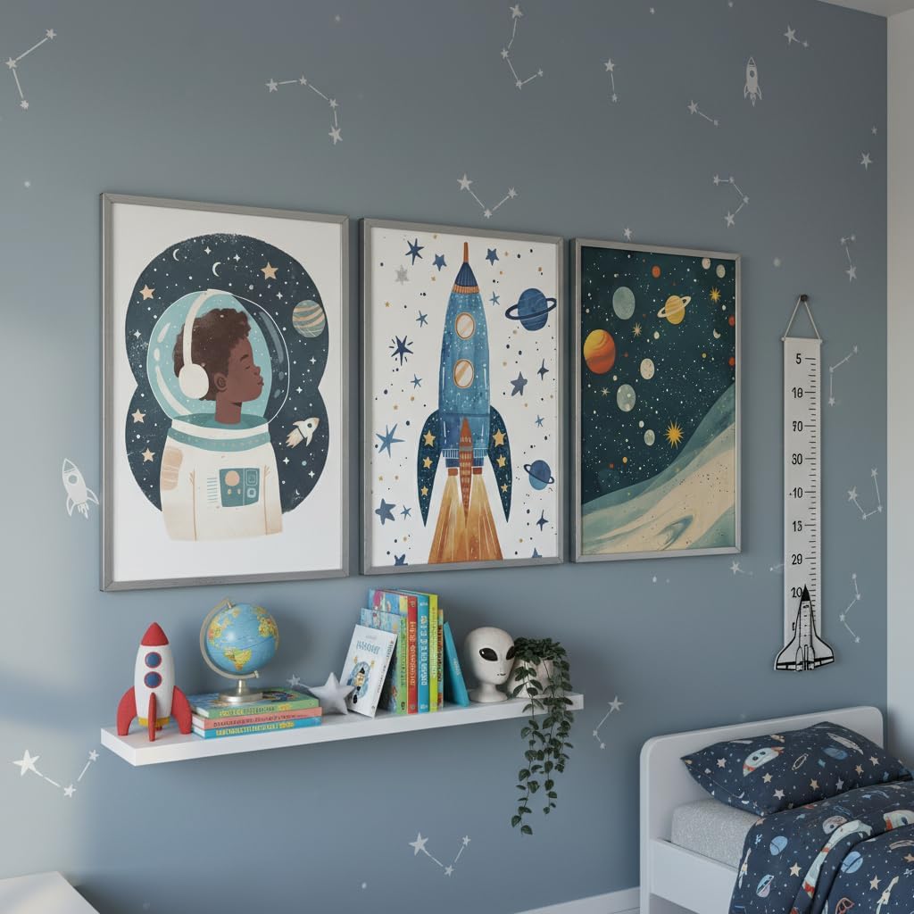 PNFBQRG 3Pcs Space Nursery Wall Art Whimsical Outer Space Posters Artwork Rocket Astronaut Planet Painting Pictures Wall Decor for Boys Kids Room Bedroom Nursery Room 16x24In Unframed