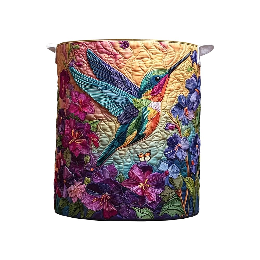Hummingbird Floral Print Quilted Laundry Basket Collapsible Storage Basket Clothes Laundry Hamper with Handles (KT35400A03,M)