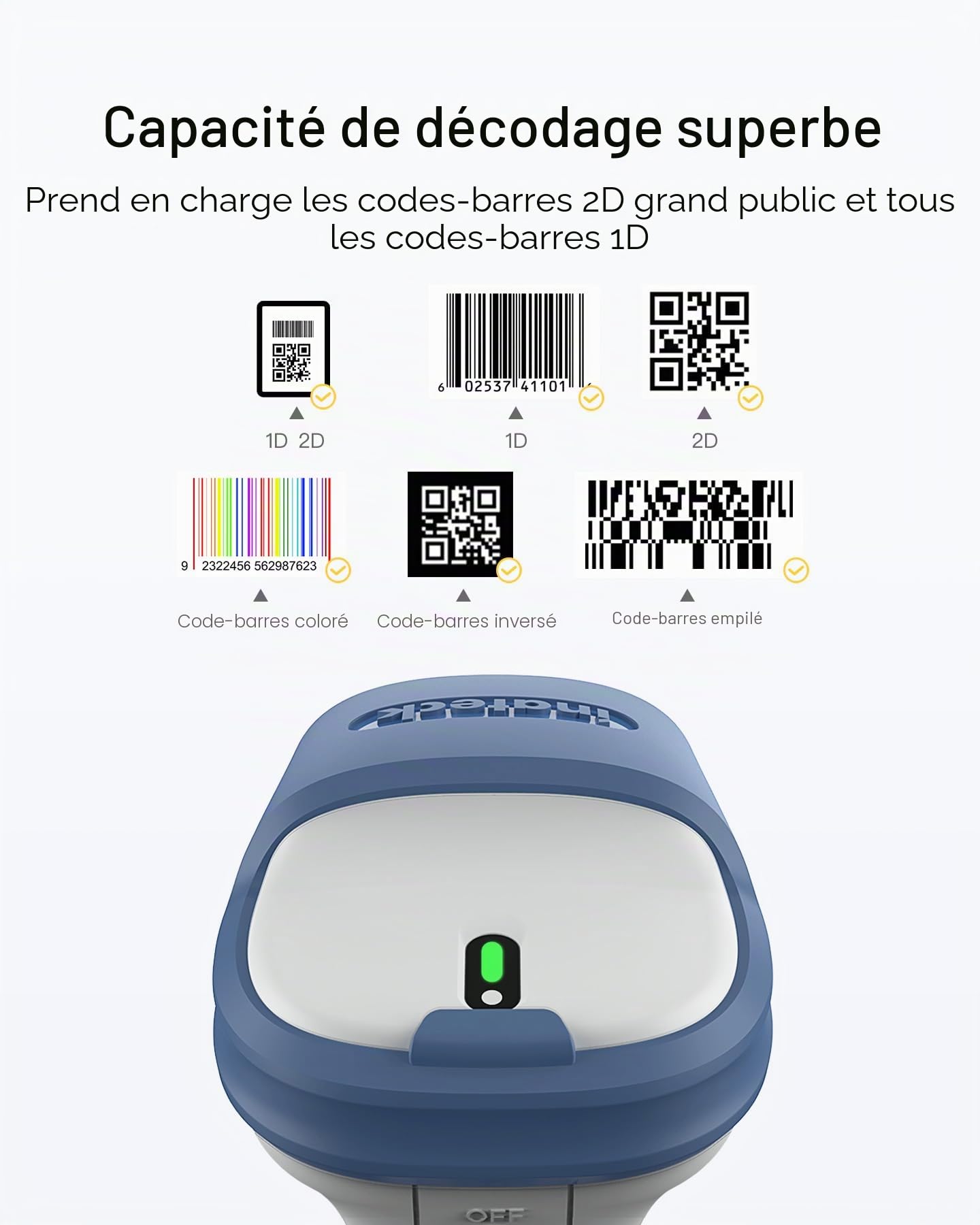 Inateck 2D Scanner de Code-Barres sans Fil, Bluetooth 5,0 et 2,4Ghz, BCST-73