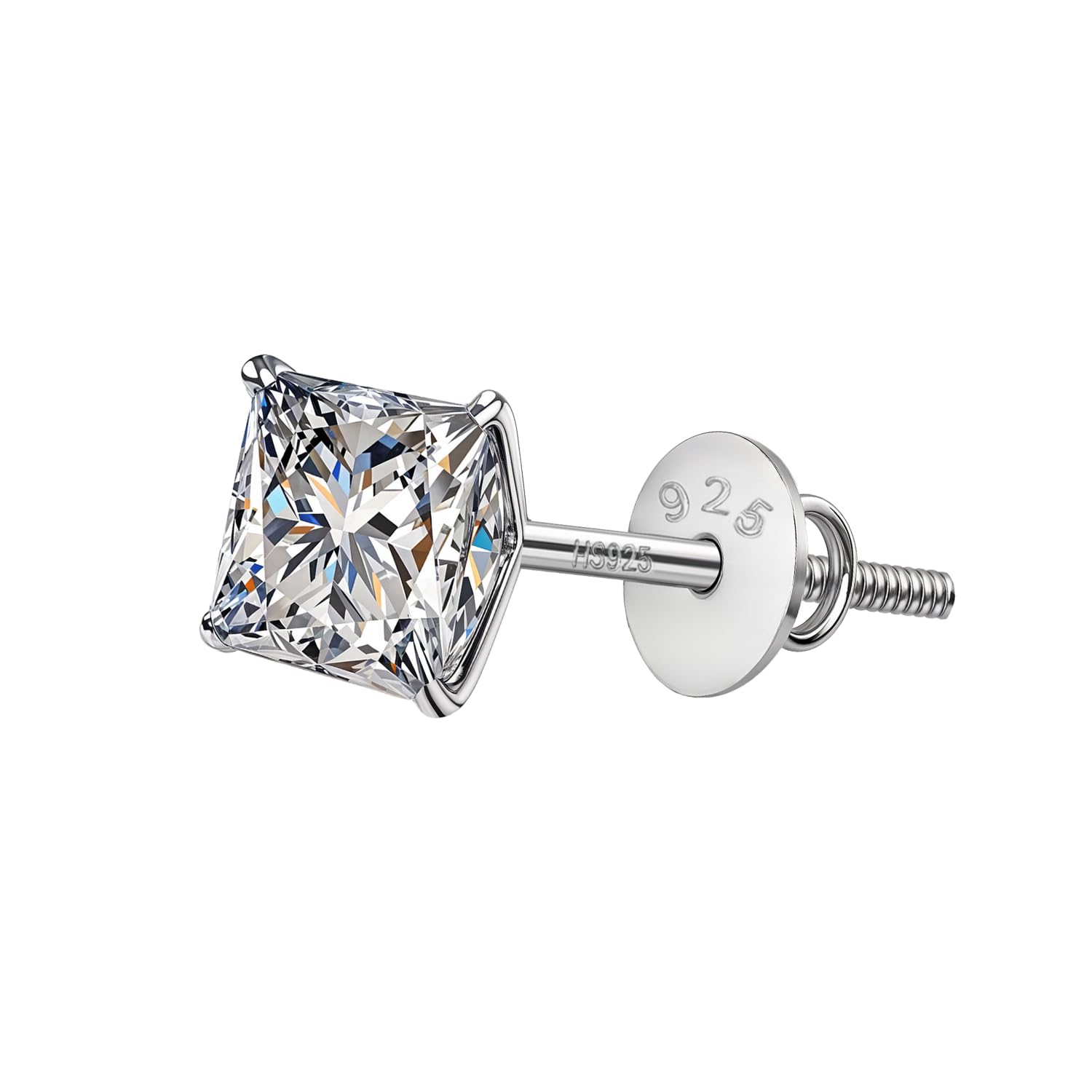925 Silver Princess Cut Screwback Stud Earring | 92.5 Sterling Silver & Diamond Like Brilliance Zirconia Square Top | Single Stud for Men | 5mm