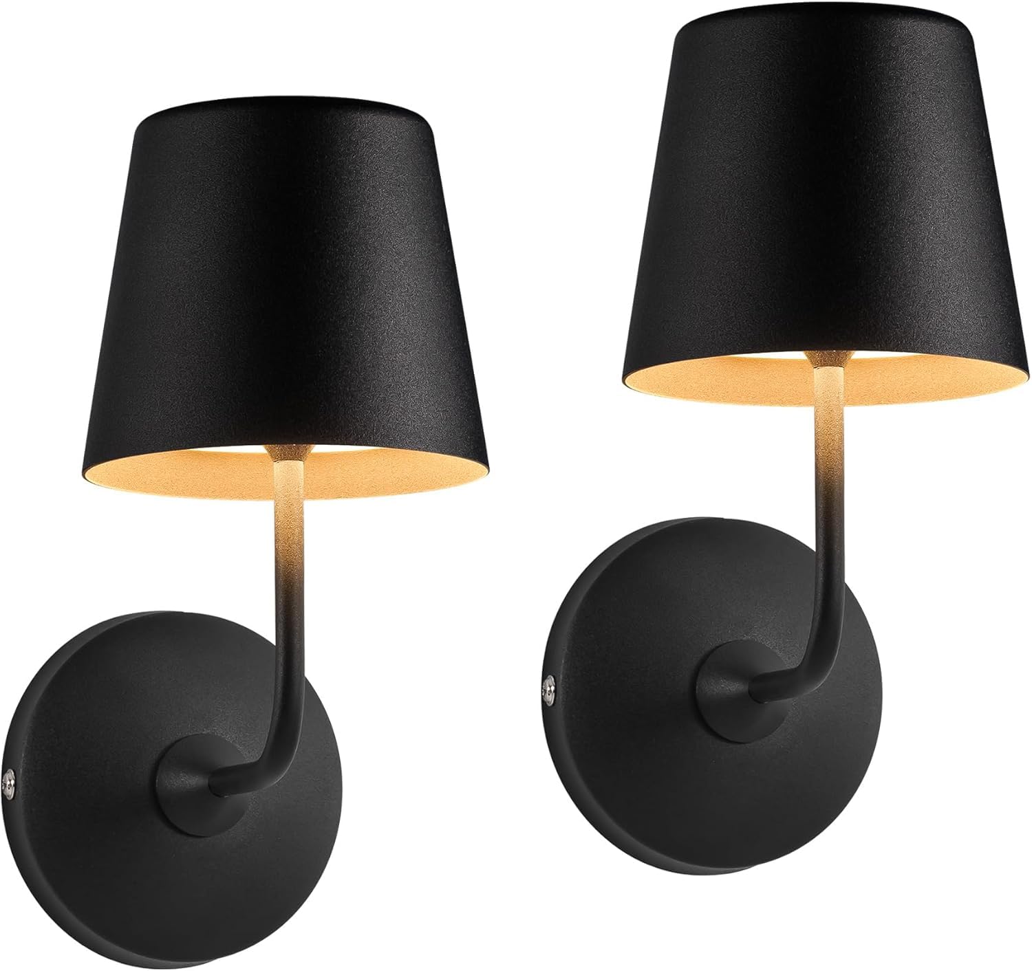 HELCEKOU Battery Operated Wall Lights Set of 2, Small LED Sconces, 5000mAh Rechargeable with Touch Control, Dimmable & Waterproof, Metal Shade Lamp for Garden, Bedroom, Bathroom, Hallway (Gold)