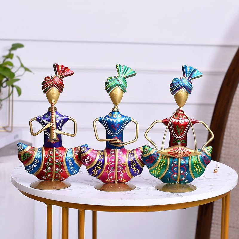 Image of Sitting Sardar Set of 3 Handcrafted Rajasthani Musician Figurines | Traditional Indian Folk Art Showpiece for Home Decor, Living Room, Office Table, Shelf Decoration & Gift Item