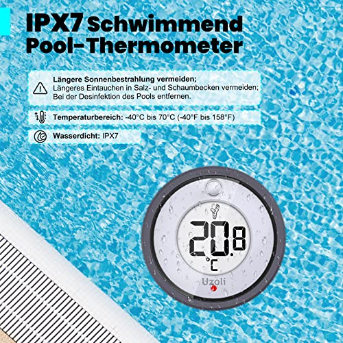 Uzoli Poolthermometer schwimmend funk mit Poolsensor Wassertemperatur Innentemperatur LCD-Display Komfortstufe Uhrzeit Wecker IPX7 Thermometer für Pool Schwimmbad Teich - EM3385