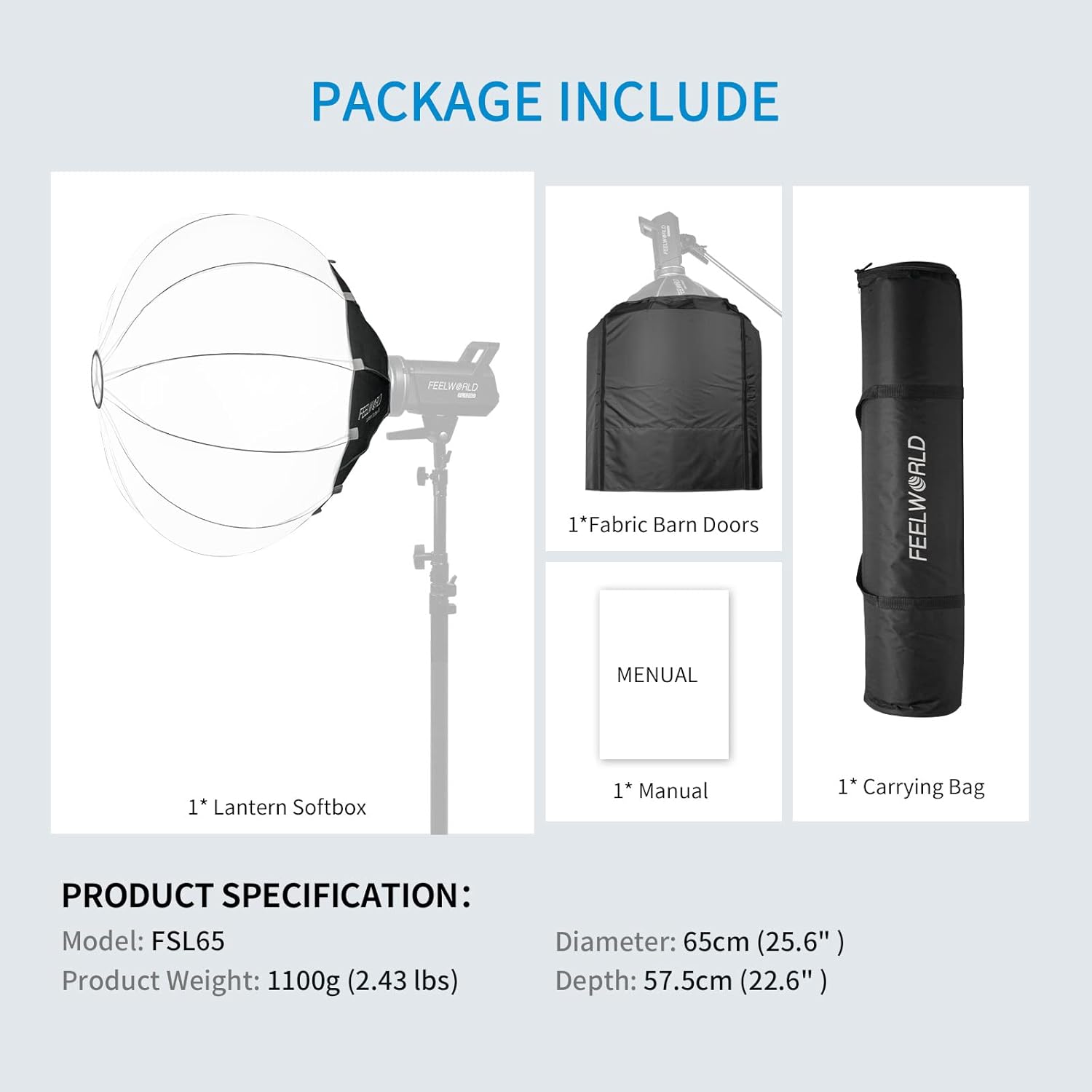 FEELWORLD FSL65 Portable Lantern Softbox, 65cm 25.6 Inch for FEELWORLD FL125D FL125B FL225D FL225B and Other Bowens Mount Video Studio Light, for Live Streaming, Videography, Photography