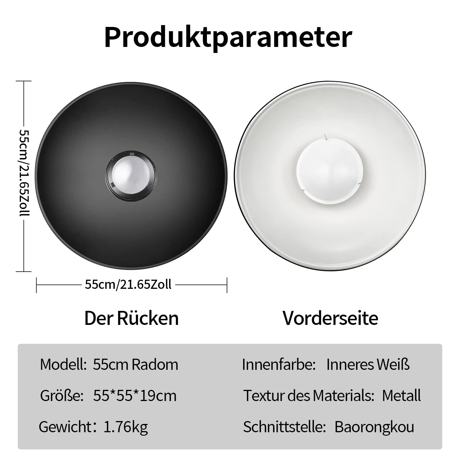 Soonpho Beauty Dish 55 cm/22 Zoll Standard Reflektor mit Schwarz Wabengitter,Weiß Diffusor und Aufbewahrungstasche,Fotostudio Strobe Blitzlicht Reflektor für Bowens Mount Studioblitz