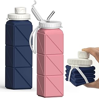 Collapsible Water Bottles 20.6oz 2 Pack, Silicone Foldable Portable Travel Water Bottle, BPA-Free Reusable Leakproof for Travel Camping Hiking Cycling Yoga Sports Outdoor (Darkblue+Pink)