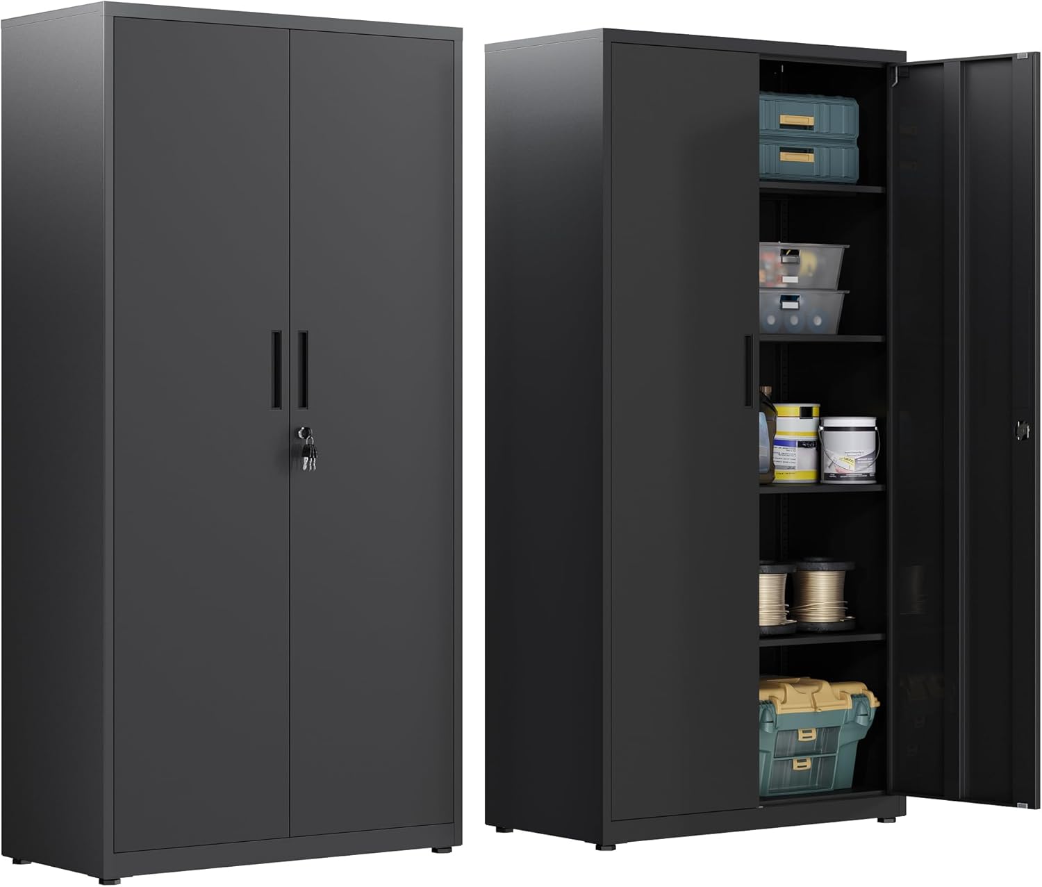 Metal Storage Cabinet, Garage Cabinet, 69.7" H Office Cabinet with Locking Doors and Adjustable Shelves, for Office, Garage and Utility Room, Black
