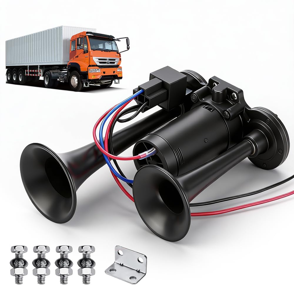 Klaxon Camion 12V, 600DB Klaxon de Voiture Super Puissant, Kit de Klaxons de Train avec Compresseur, Klaxons à Air Double Trompette pour véhicules 12V, Camions, Voitures, Bateaux, SUV, Train