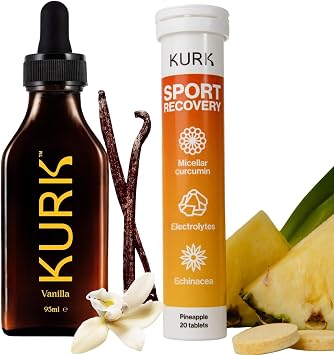 Kurk Essential Wellbeing Vanilla 3.2 Fl Oz and Sport Recovery | High Strength Liquid Curcumin Oil from Turmeric, Sport Electrolyte Tablets Pineapple 20 Effervescent Tabs