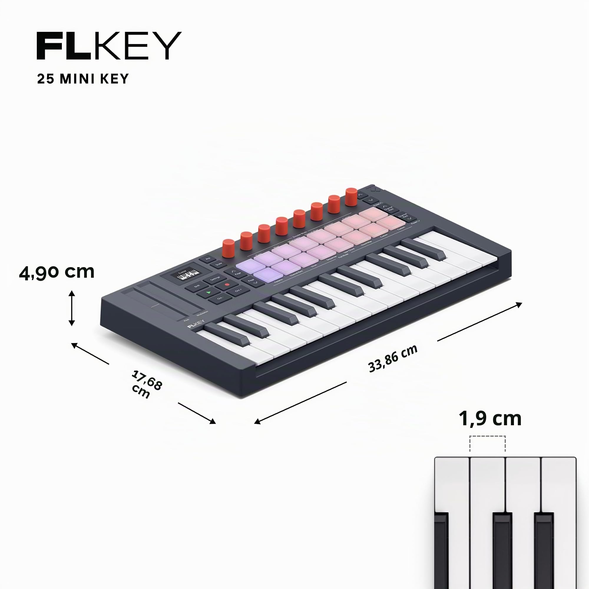 Novation FLkey 2 Mini 25 — Controller MIDI a tastiera con 25 tasti mini per principianti di FL Studio. Crea ritmi con USB, cursori di pitch e modulazione, 16 pad, arpeggiatore e sei mesi di FL Studio