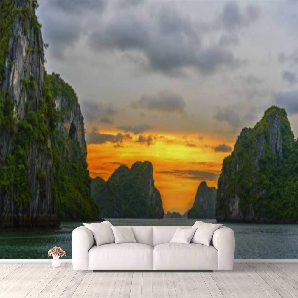 Modern 3D PVC Design Removable Wallpaper for Bedroom Living Room Sunrise view of Halong Bay Hanoi Vietnam landscape travel photography Wallpaper Stick and Peel Wall Stickers Home Decor 100 * 144’’