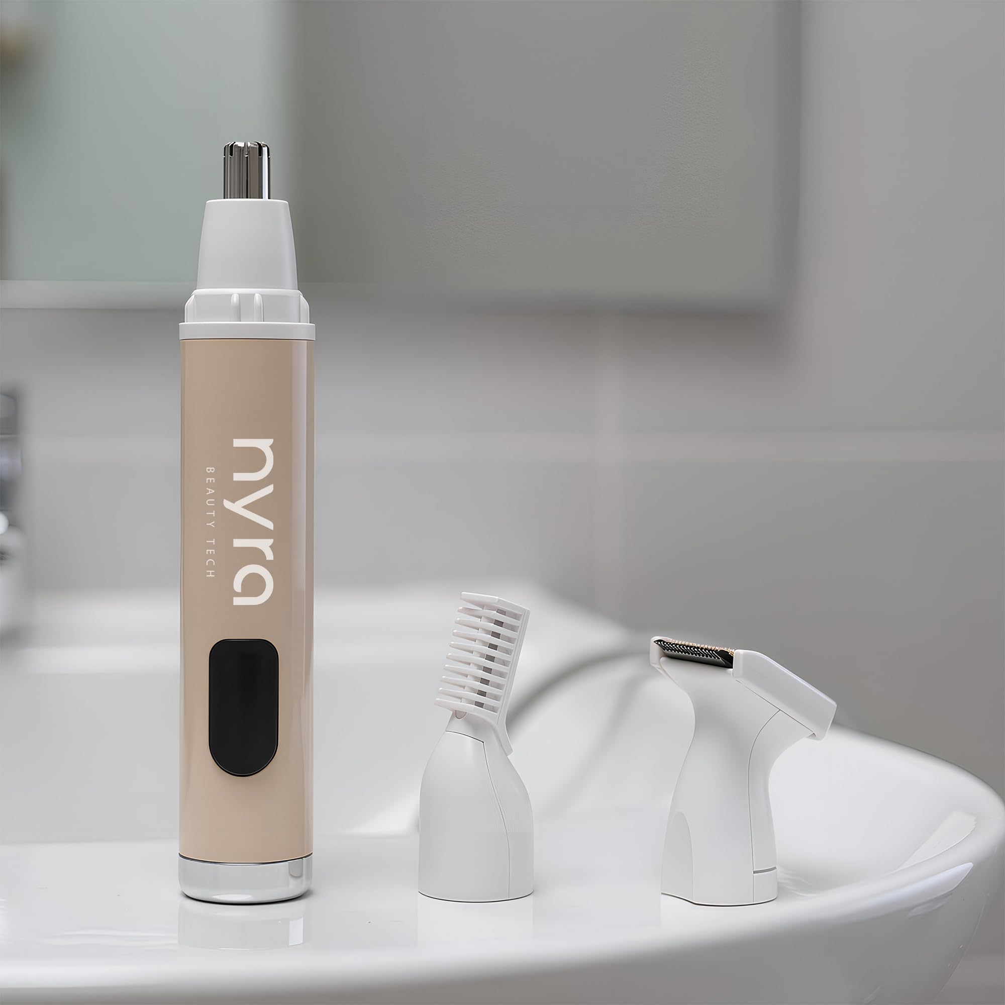 Nyra Facial Hair Trimmer Trimmer 360° - Lama ad arco anti-tiraggio, motore 9000rpm silenzioso, batteria USB 3,7 V/300 mAh | naso, orecchie, sopracciglia e barba, per uomo e donna