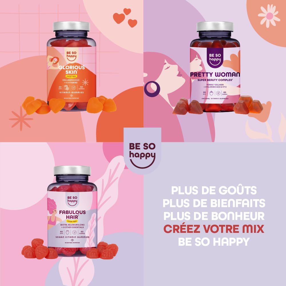 Biotine pour Cheveux | 6000 mcg | Avec Zinc, Sélénium et Vitamines A, B6, B12, C, D, E | Bonbons Goût de Fraise | Approvisionnement de 120 jours | Végétalien, sans Gluten et sans Lactose | BeSoHappy