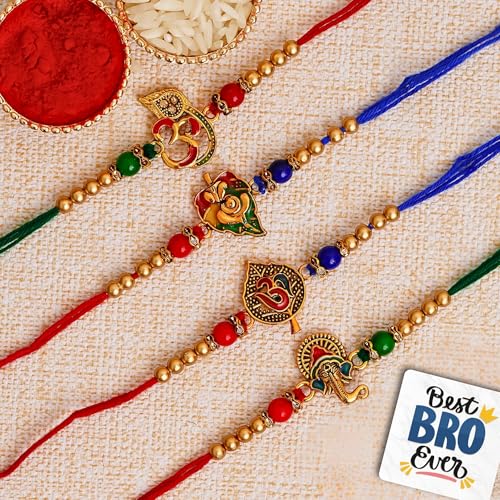 Image of eCraftIndia Set of 4 Multicolor Om Symbol, Lord Ganesha On Leaf, Om Symbol On Leaf, Lord Ganesha Religious Rakhis, Best Bro Ever Fridge Magnet with Roli Chawal Pack - Rakhi for Brother, Bhaiya, Bhai