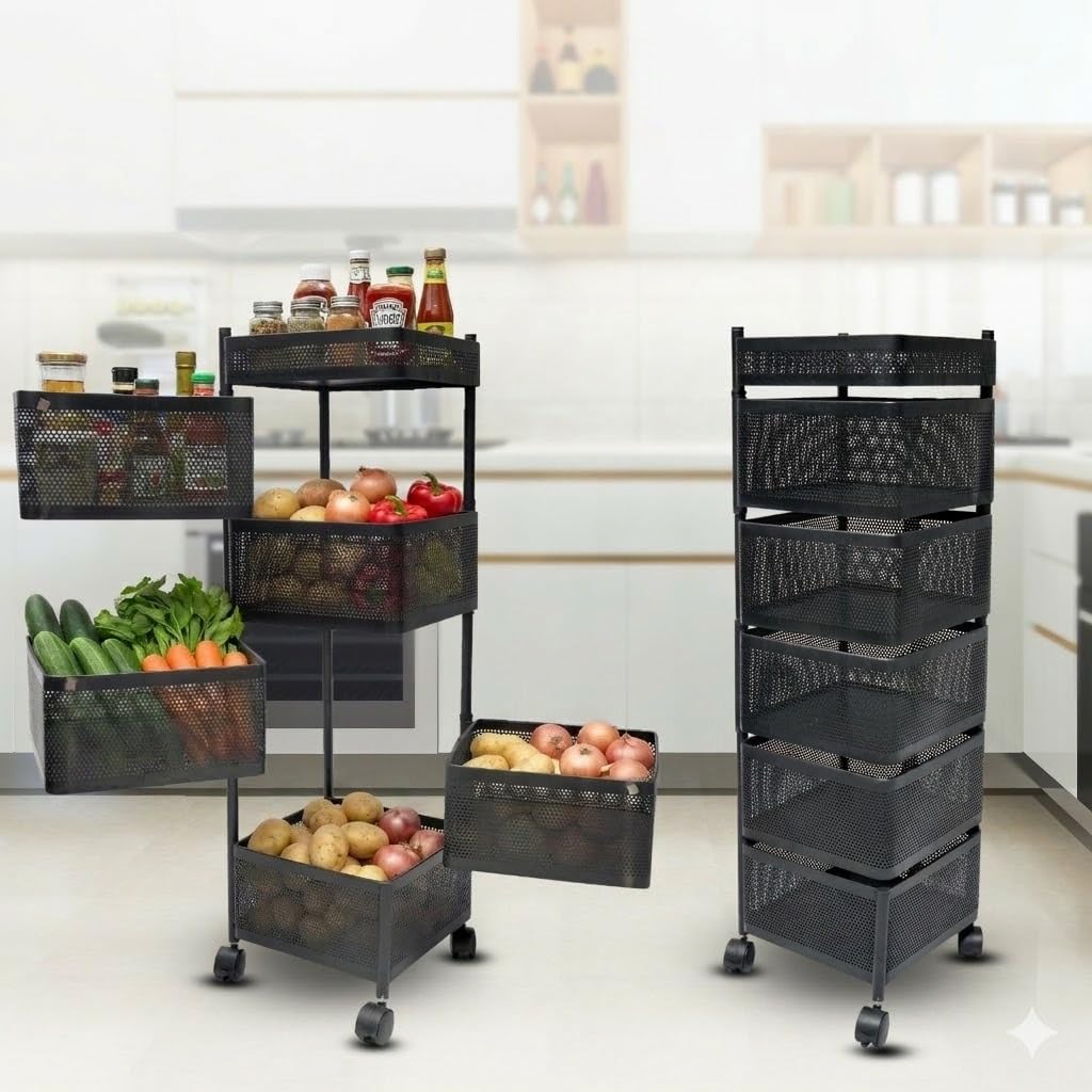 PLANX Metal Rotating Kitchen Trolley, Storage Rack, Vegetable & Fruit Storage Container, Organizer Holder, Onion-Potato Storage Basket for Kitchen Storage Stand, 5 Layer Trolly Pack of 1-image-27