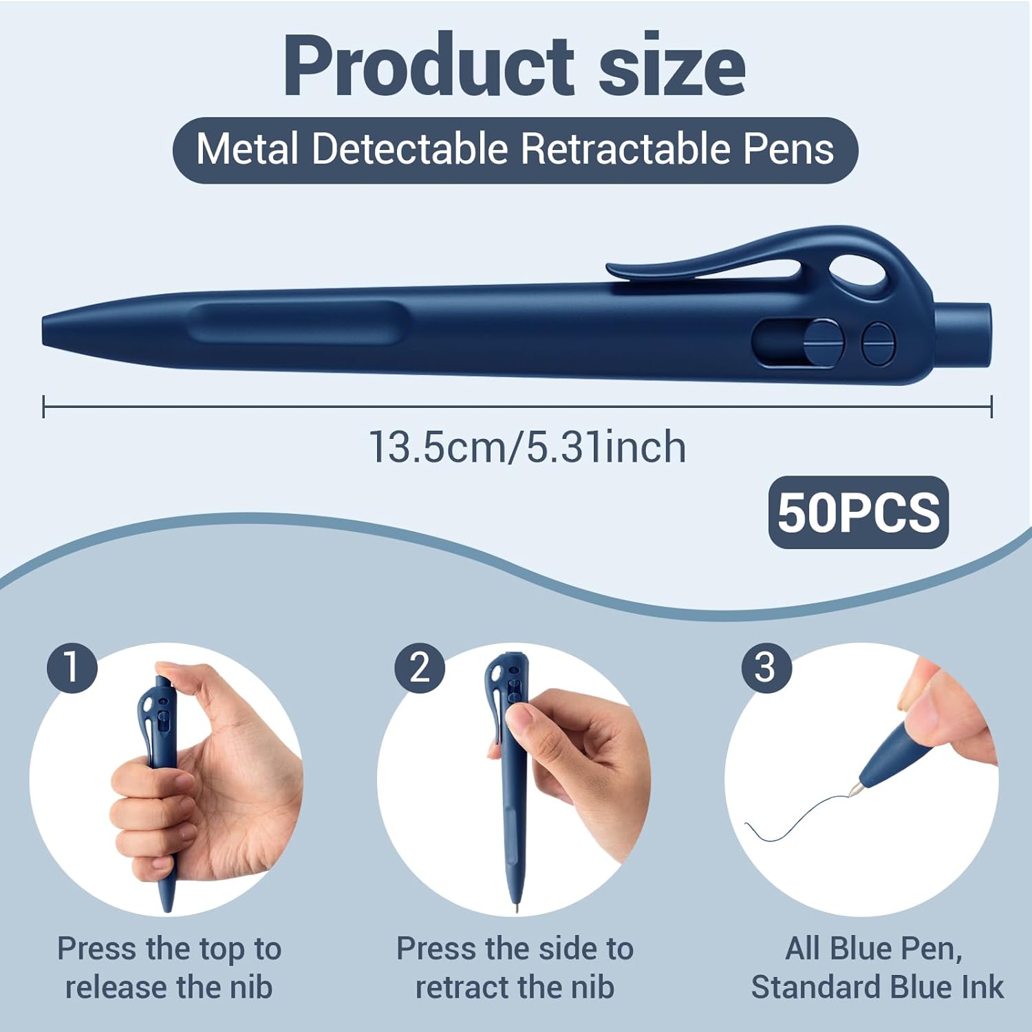 Tenceur 50 Pcs Metal Detectable Pens Standard Blue Ink Pen with Pocket Clip Lanyard Attachment Metal Retractable Ballpoint Bulk for Office Food Production Workshop Writing (Push-type)