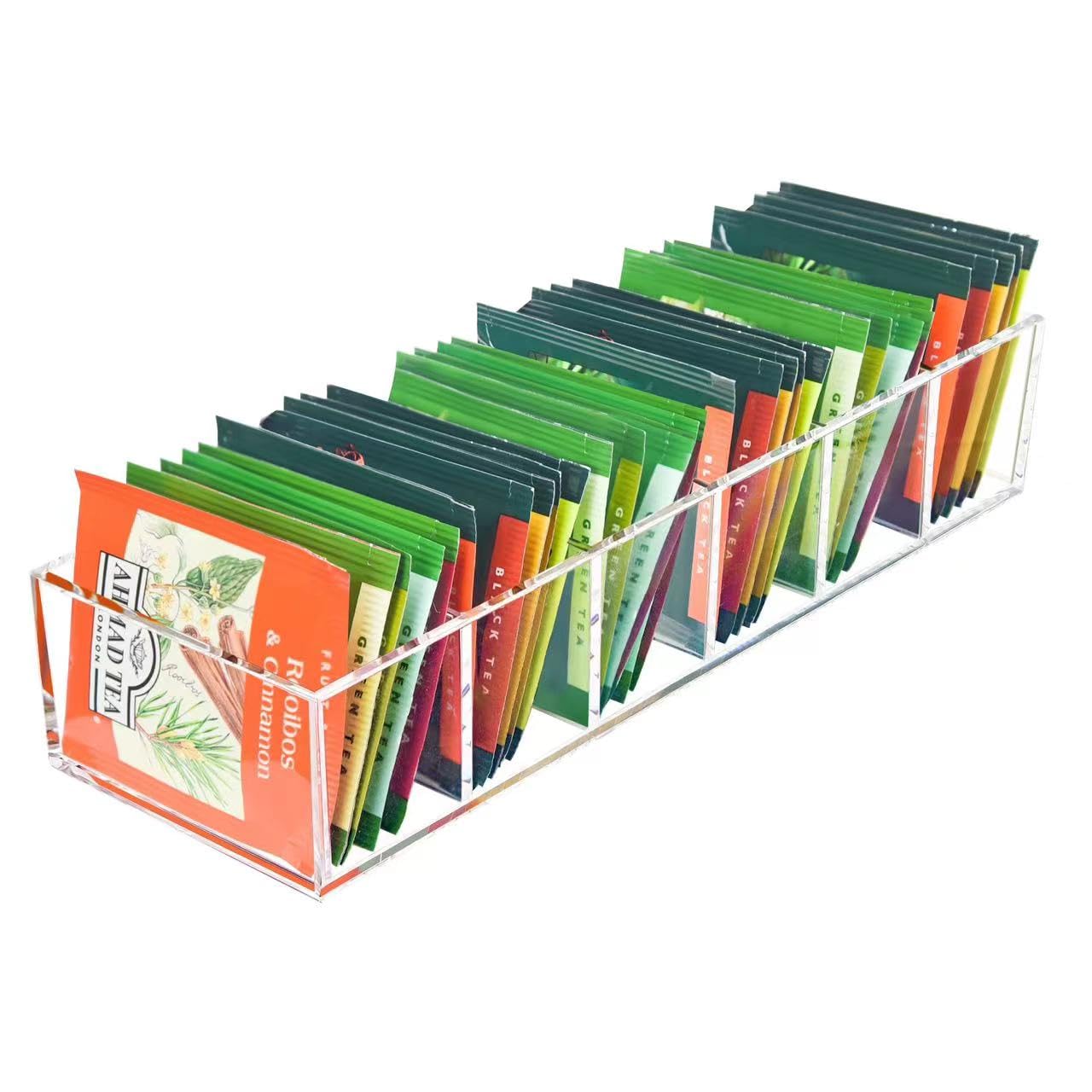 Tea Bag Organizer, Clear Tea Bag Holder with 6 Slot, Tea Packet Storage for Countertop, Drawer, Kitchen, Pantry, Cabinet