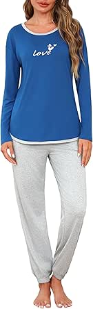 Schlafanzug Damen Lang Pyjama Langarm mit Rundhalsausschnitt Zweiteiliger Nachtwäsche Baumwolle Buchstaben-Print Loungewear Freizeitanzug für Herbst Winter