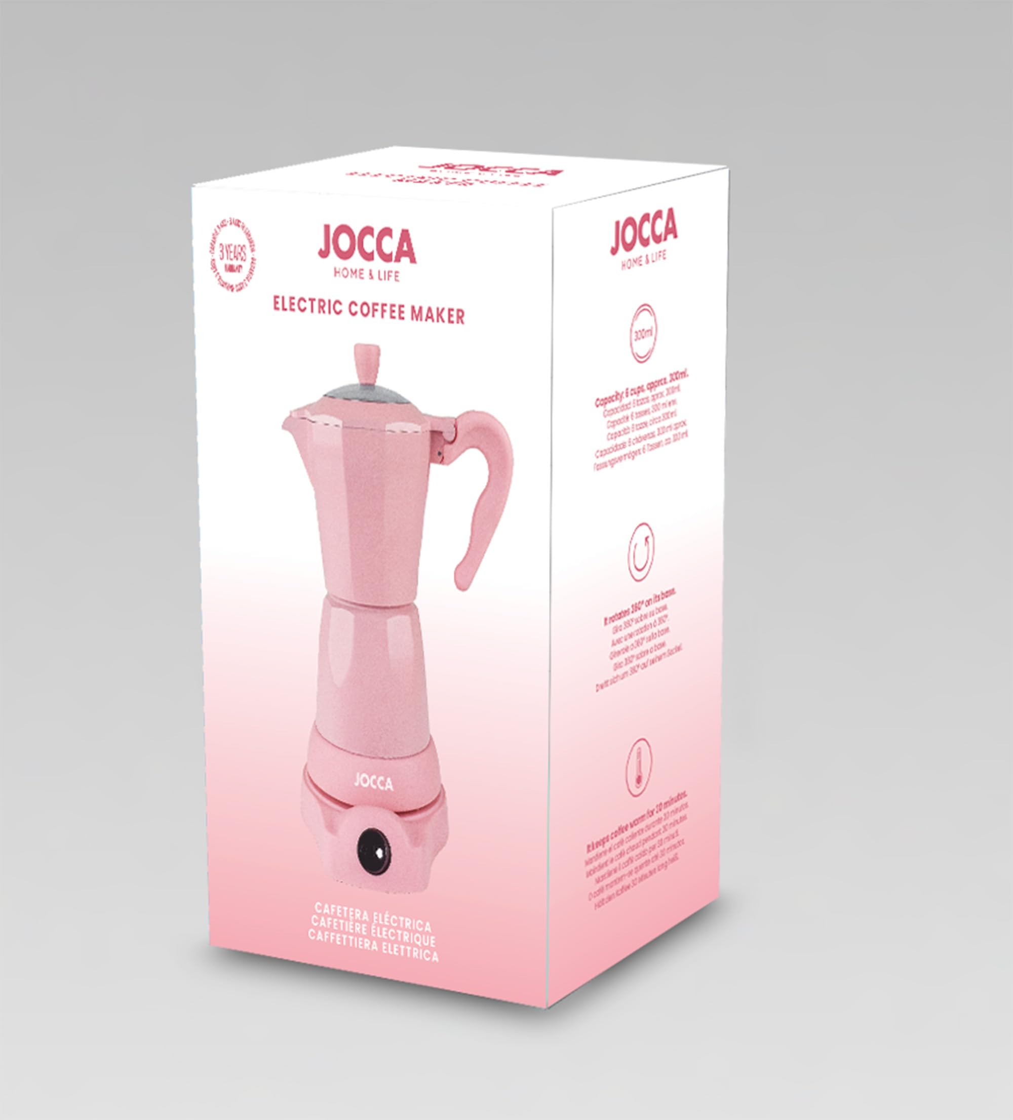 Jocca Elektrische italienische Kaffeemaschine, Rosa, 6 Tassen | 360° drehbarer Sockel | Warmhaltesystem | Kaltgriff | 480 W ohne Kabel