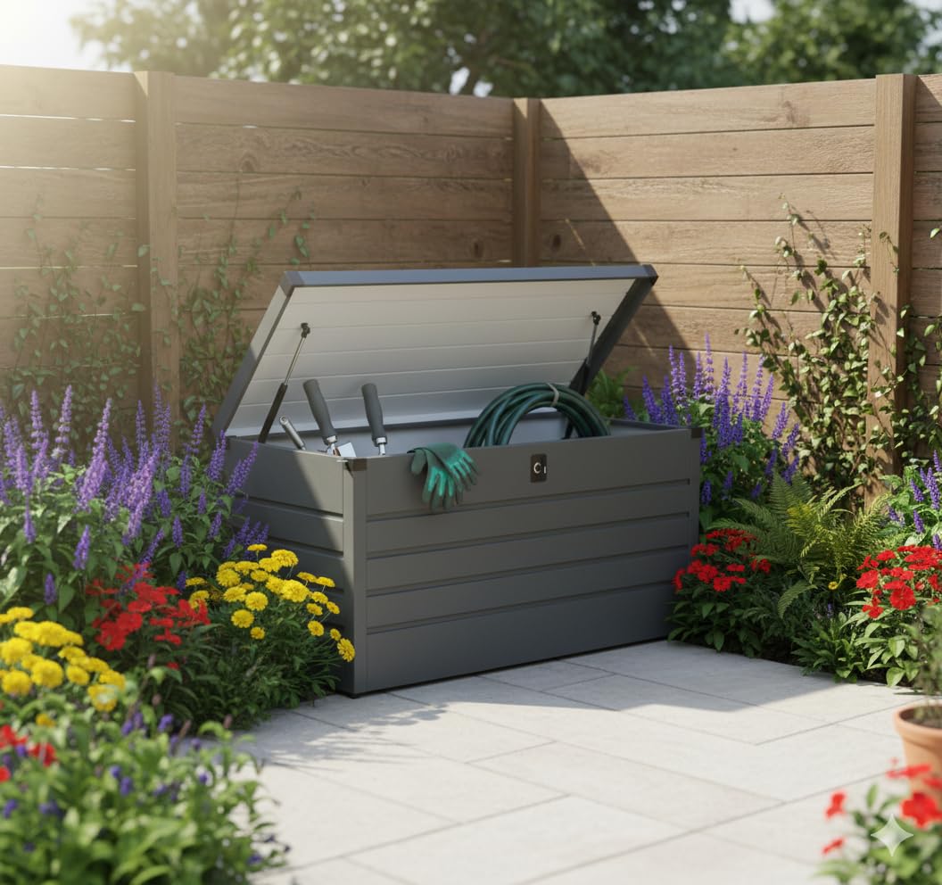 Metall-Aufbewahrungsbox Gartentruhe 300L Stauraum wetterfest | Wetterfest, Wasserdicht, Verzinktes Stahlblech, Abschließbarer Deckel, Großes Stauraumvolumen, Korrosionsbeständig