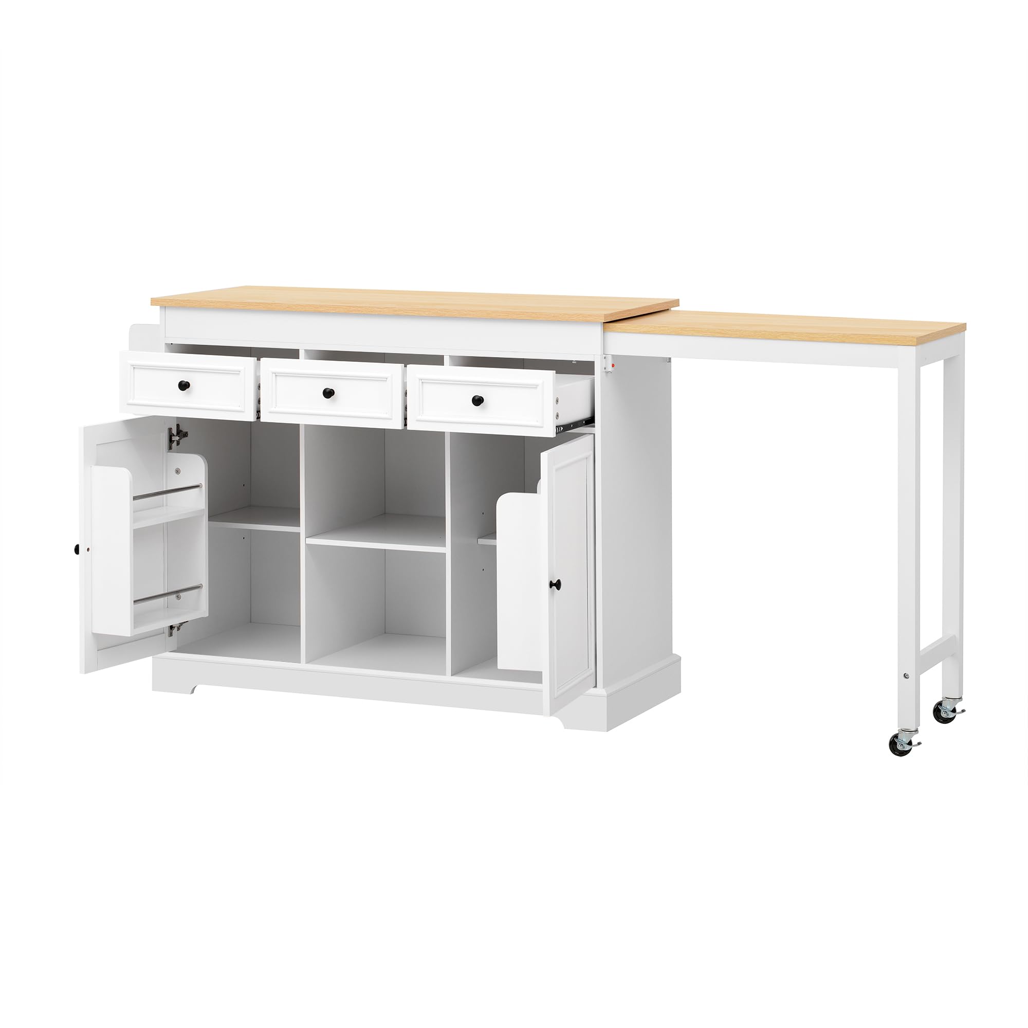 Merax Îlot de Cuisine sur roulettes Extensible 112–188 cm, Îlot Central Cuisine avec Plan de Travail Coulissant, Rangement Épices, Tiroirs et Placards, Îlot Cuisine Mobile Autoportant Blanc