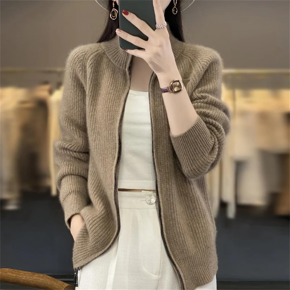 Hndudnff Damen-Strickjacke, Merinowolle, lässiger Rollkragen, Reißverschluss, Kaschmirjacke, Mantel