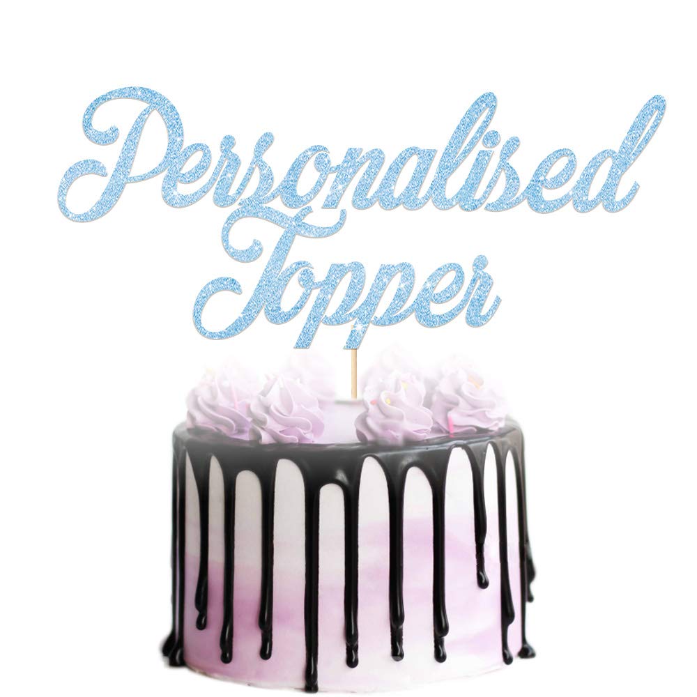 Personalised Cake Topper | Custom Any Occasion Cake Decorations | Double Sided Glitter Card Text Customized Any Word | Multicolour Glitter Birthday or Wedding Party Decoration (Baby Blue)
