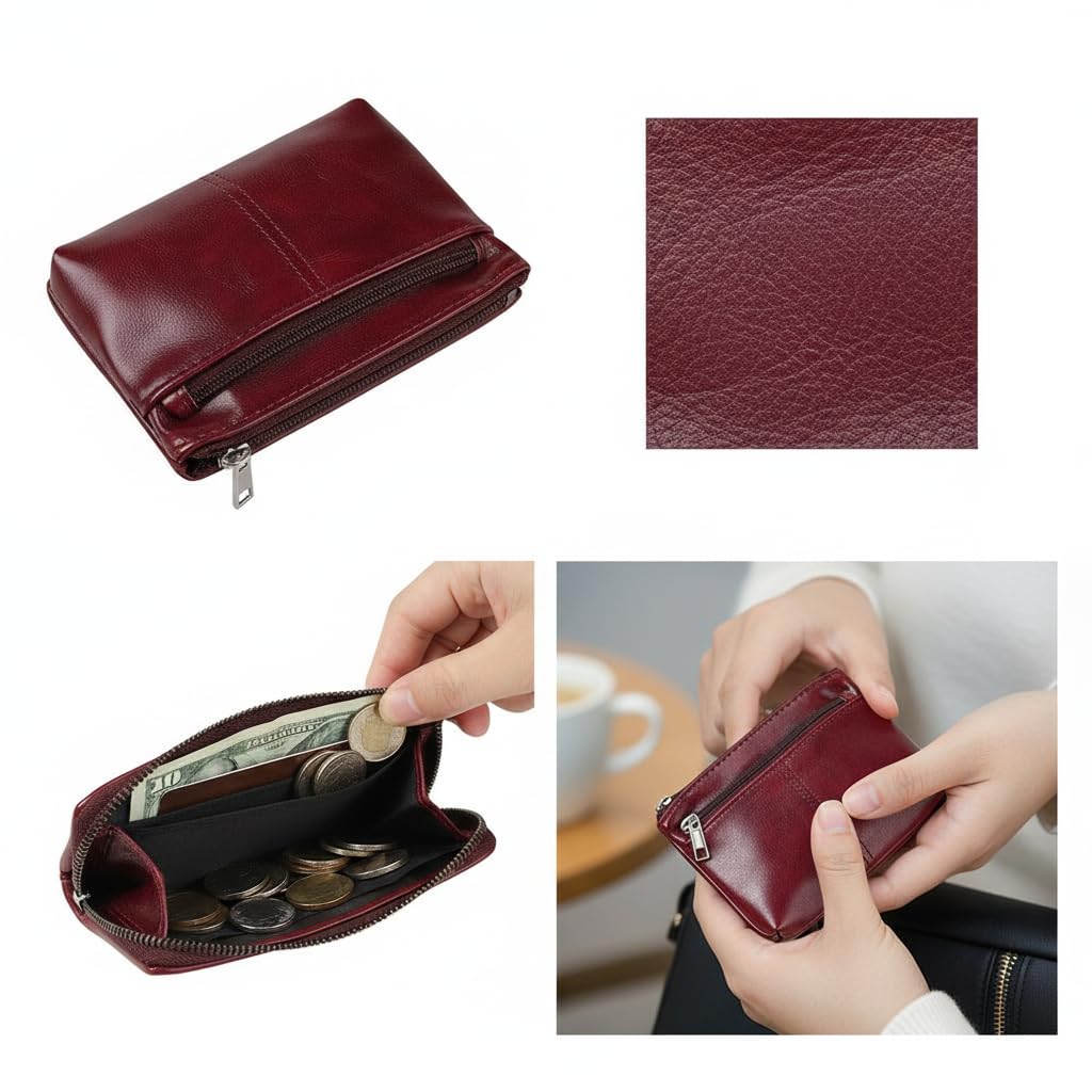 Porte-monnaie en cuir ciré avant et arrière avec fermeture éclair, sac de rangement portable pour pièces et cartes de crédit, convient aux hommes et aux femmes, résistant à l'usure et durable, doux au