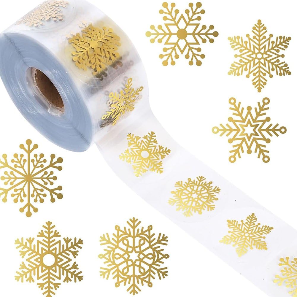 Fituenly Snowflake 1000Pcs Gold Foil Stickers Roll Clear Holographic Christmas Label Round Self Adhesive For Xmas Winter Envelopes Present Decor