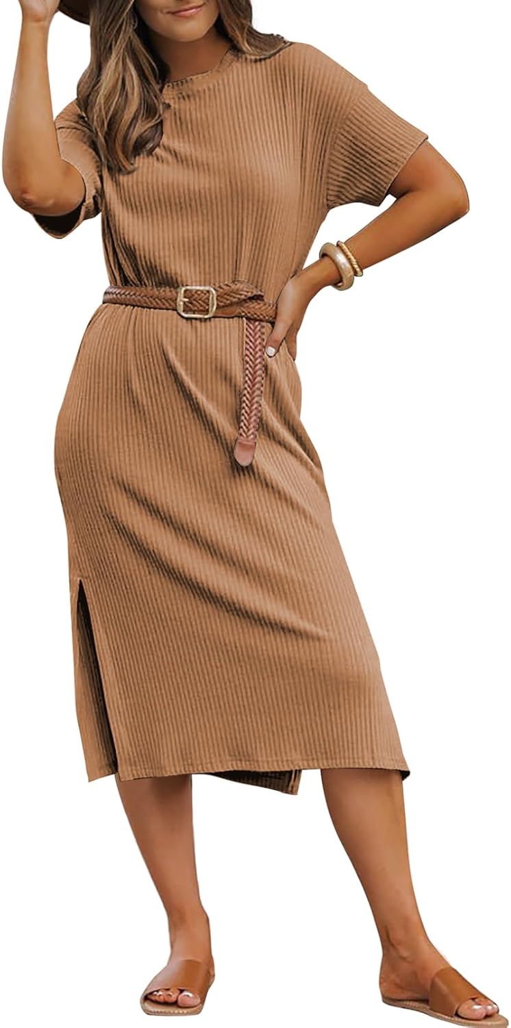 BLENCOT Womens Casual Summer Round Neck Midi Long Dress Short Sleeve Simple Side Split Solid Color Texture Beach Dress