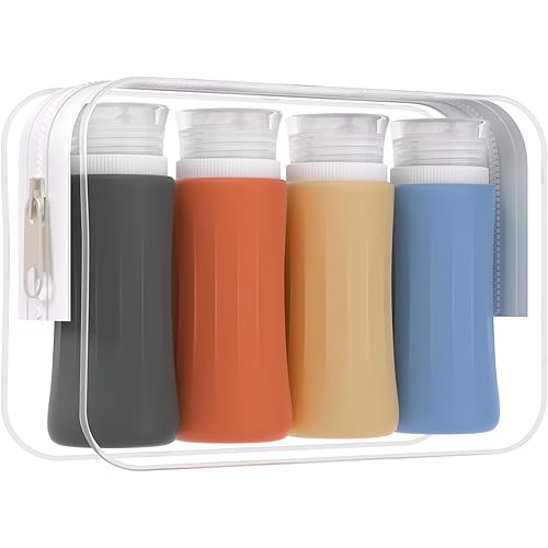 4 Pack Travel Size Toiletries Containers Sets - TSA Approved Leak Proof Silicone Travel Bottles with Label - BPA Free for Shampoo, Conditioner, Lotion, Soap Travel Essential Accessories
