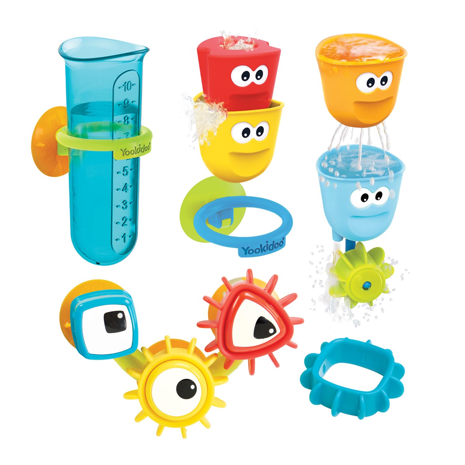 Yookidoo Kids Bath Toy, Cups ‘N’ Gears Water Set, Includes 3 interchangeable bath cups, Suction Cups, 3 Googly Eye Gears